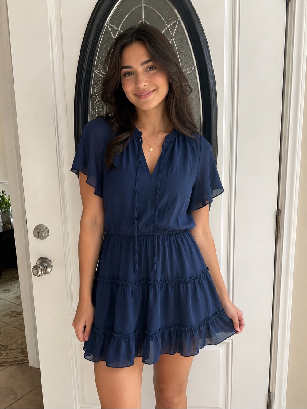 Blue Ruffled Tiered Mini Dress with Short Sleeves